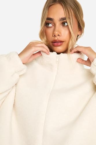 Women's Teddy Jacket, Cream White Faux Fur, Cropped Length, High Neck, Winter Casual Outerwear (M)