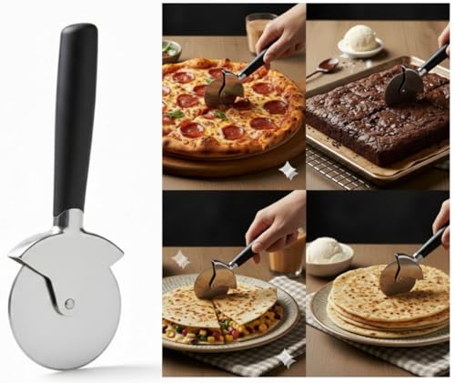 Image of Klick N Shop Pizza Cutter Stainless Steel Wheel with Ergonomic Non-Slip Handle | Sharp Pizza Slicer for Pizza, Roti, Chapati, Paratha, Brownies & Pastry | Kitchen Baking Tool Pack of 1