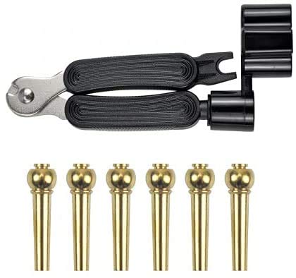 Dokpav 6Pcs Brass Guitar Bridge Pin Pegs 1Pcs 3-in-1 Guitar String Puller, Brass Copper Guitar Bridge Pins Pegs Nail, Acoustic Guitar String Winder Cutter(Brass, Black)