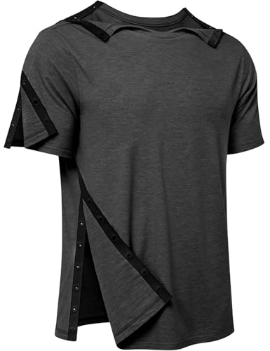 Post Shoulder Surgery Shirts Recovery Tear Away Short Sleeve Full Open Side Snap Dialysis Chemo Clothing Men & Women (X-Large, Dark Grey) 删
