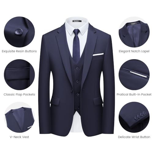 Image of WULFUL Men's Slim Fit Suit One Button 3-Piece Blazer Dress Business Wedding Party Jacket Vest & Pant