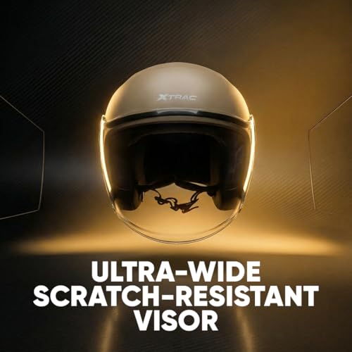 Image of Xtrac Ace ISI Certified Open Face Helmet for Men & Women | Half Face Bike Helmet with Scratch-Resistant Clear Visor | Lightweight ABS Shell | Quick Release Buckle | Dark Brown - L
