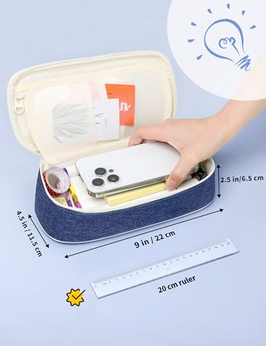 Image of SUNEE Cute Pencil Case, Aesthetic Pen Pouch, Colored Large Pencil Bag with Zipper, Kawaii Stationery Storage and Organizer, School Supplies for Teen and Adult Girls, Navy Blue