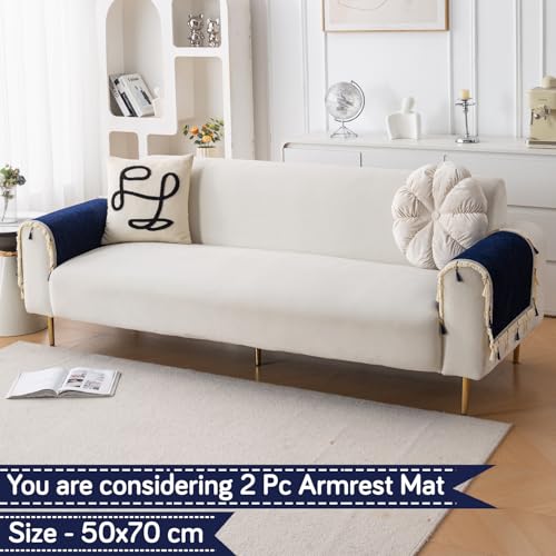 Image of HOKIPO 'Serenity Tassel' Chenille Sofa Arm Cover with Tassels - 1 Pair | Sapphire Navy (IN-893-NBL*2)