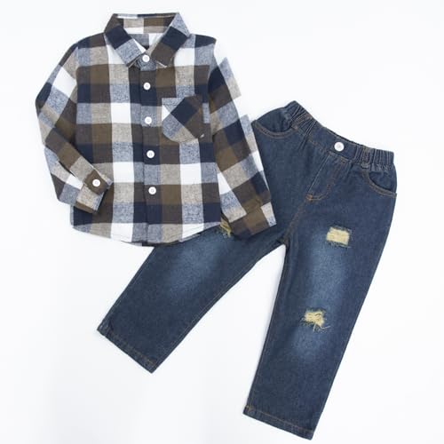 Image of Toddler Baby Boy Clothes Infant Denim Outfits Flannel Plaid Button Shirt Pockets Ripped Jeans Pants 2 PCS Clothing