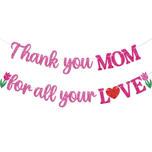 Firefairy Muttertags-Banner, vorbespannt, Aufschrift "Thank You Mom for All Your Love", Muttertagsdekorationen, Happy Mothers Day Decor für Klassenzimmer oder Zuhause, rosa Glitzer