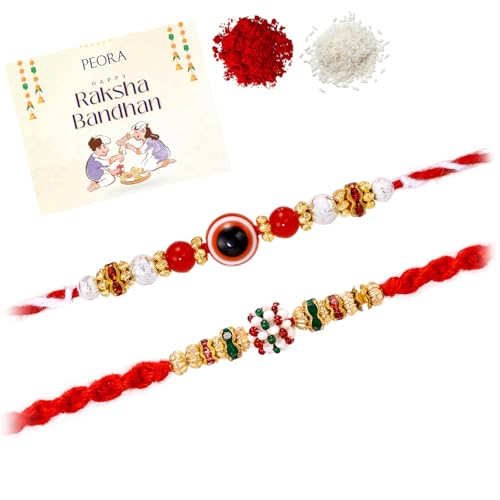 Image of Peora Evil Eye & Crystals Studded Rakhi for Brother Bhaiya | Red Thread | Raksha Bandhan Hamper with Roli Chawal Greeting Card