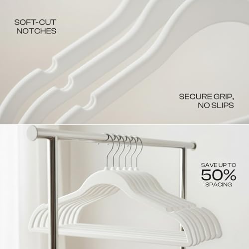 Image of Utopia Home Velvet Hangers, White, 50 Pack | Luxury Non-Slip Slim Pant & Coat Hangers, Strong Space-Saving Clothes Hangers with Pants Bar and 360 Swivel Hook