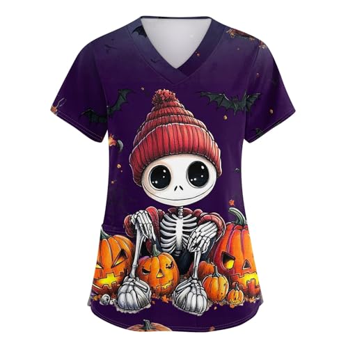 OIOLOYJM Halloween Christmas Scrub Tops Women Print V Neck Short Sleeve Plus Size Scrubs for Womens Shirts with Pockets