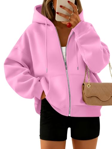 Trendy Queen Zip Up Hoodies For Women Oversized Sweatshirts Fall Fashion Outfits 2025 Cropped Pullover Sweaters Y2k Fleece Jackets Comfy Gym Tops Teen Girls Clothes Pink XS