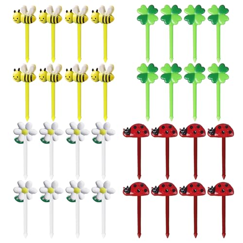 32 Pieces of Fruit Picks, Cute Cartoon Toothpicks, Bee, Flower and Ladybug Fruit Picks, Fruit Plate Decoration Picks, Mini Picks, Non-Slip Fruit Picks, Reusable Fruit Fork.