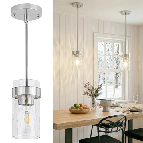 Image of Water Ripple Glass Pendant Lights Kitchen Island Brushed Nickel, 2 Pack | Adjustable Modern Mini Hanging Light for Sink Dining Room Foyer Entryway
