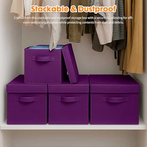 powerking 13inch Storage Box Bins, 2 Pack Foldable Fabric Storage Cube with Lid, Clothes Organizer Drawer For Closet And Toys Storage,33x33x33cm, Deep Purple - Image 7