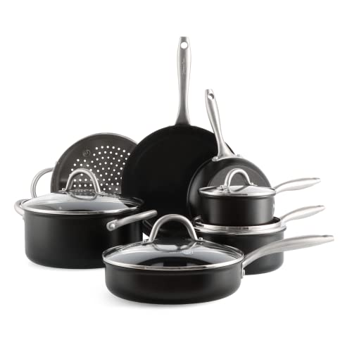 GreenPan Lima Midnight Harteloxiertes gesundes keramisches Antihaft Kochgeschirr-Set, 11-teiliges Topf- und Pfannen-Set,Mit Bratpfanne,Kochtopf,PFAS-frei,Indutkion,Spülmaschinen- und ofenfestt,Schwarz