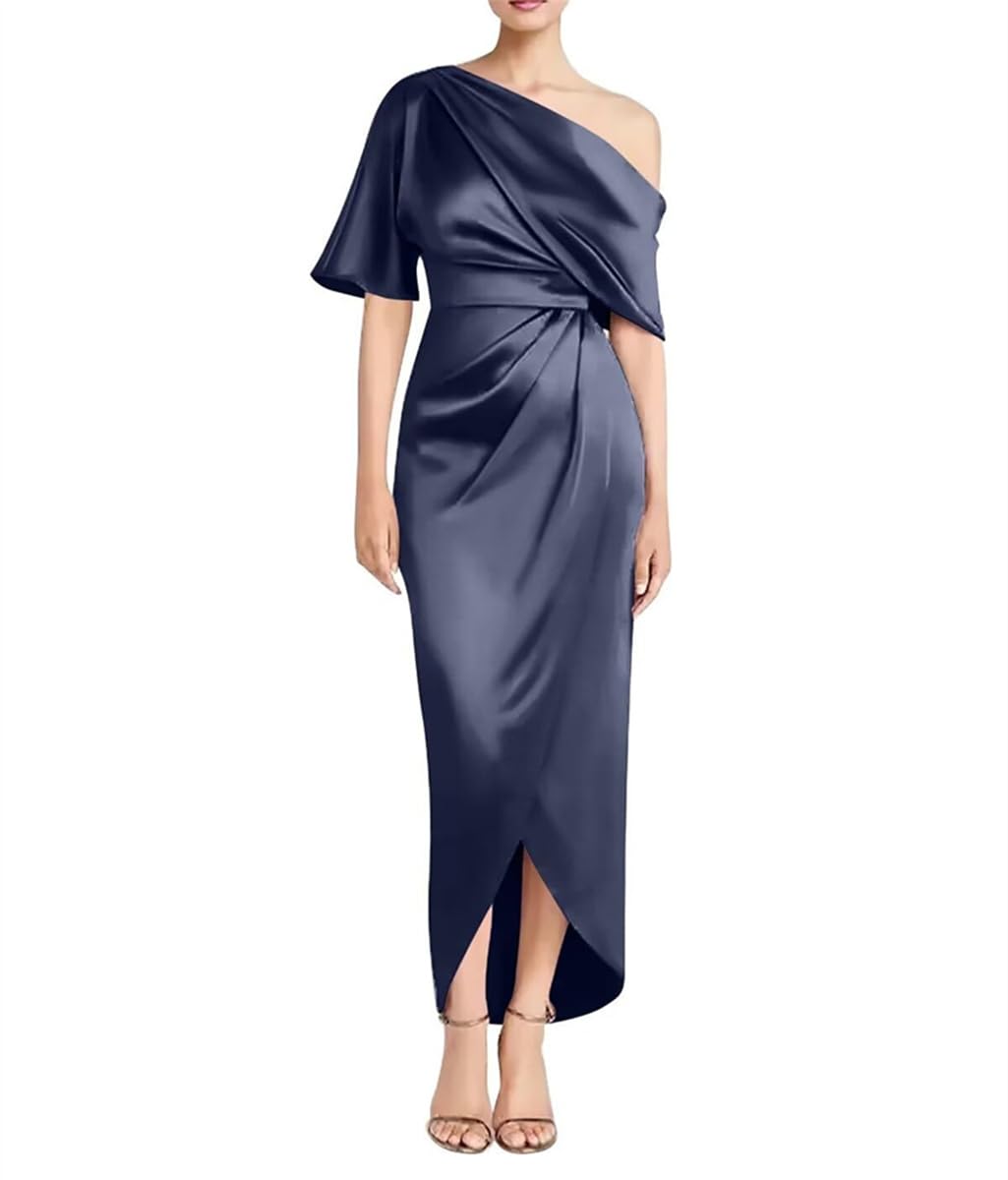 Sayno Women's Dark Navy One Shoulder Waist Tea Length Mother's Dress Single Sleeve Satin Long Slit Evening Gown Uk16