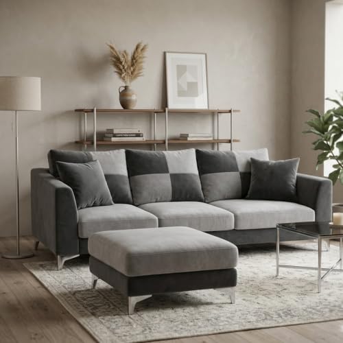 Image of Romeo Rich 4 Seater L Shape Sofa Set with Movable Ottomans | Flexible Layout | Velvet Suede Fabric | Golden Aesthetic Legs | Dual Tone Modern Sofa for Living Room (Dark Grey-Light Grey)