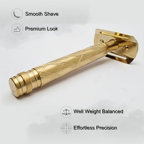 Image of BOSS Premium Safety Razor with 10 Double-Edge Blades for Men - Golden Brass Finish, Men's Shaving kit
