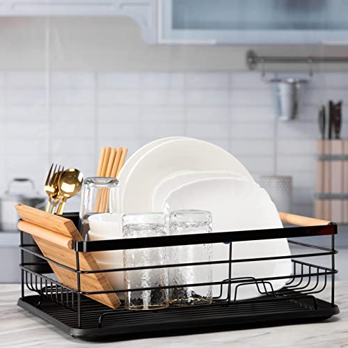 Abocofur Wooden Handle Dish Drying Rack With Removable Plastic Tray, Metal Dish Rack And Drainboard Set With Utensil Holder, Kitchen Counter Drainer And Storage Basket For Plate, Cup, Cutlery, Black #TOP6