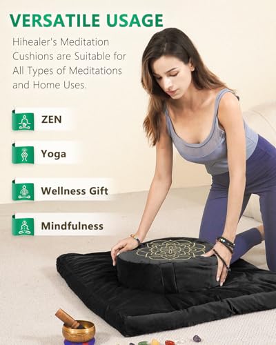 Hihealer Meditation Cushion Set Large Velvet Floor Pillow & Traditional Tibetan Yoga Bolster for Adults Zafu Meditation Mat with Buckwheat Filling (Black) - Image 5