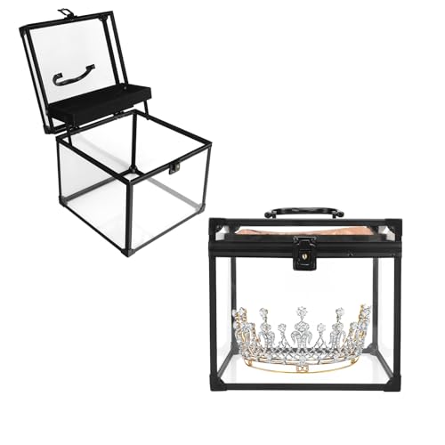 Donghome 9inches Wide Pageant Crown Box Tiara Carrying Case Extra Large with Sash Holder Clear Acrylic Display Case Toiletry and Cosmetic Organizer (Black 230 * 230 * 190mm)
