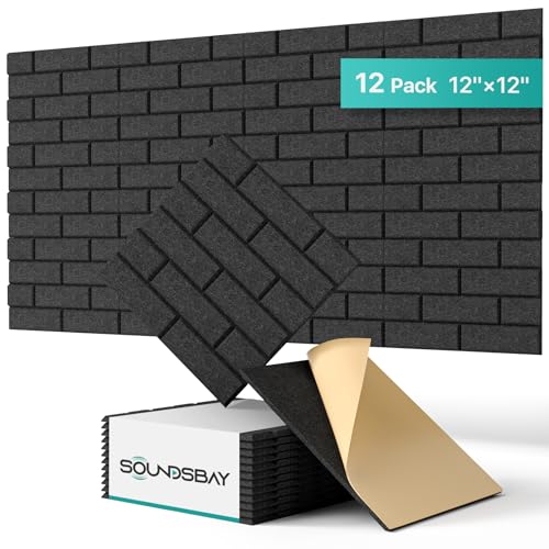 Acoustic Panels Soundsbay, Sound Proofing Panels Self-adhesive, 12 Pack Acoustic Wall Panels Brick, High Density Soundproofing Panels for Wall, Recording Studios, Home, Office 30x30x0.9cm Black