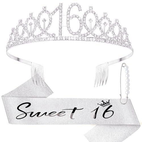 DRESHOW 16 Aniversários coroa e faixa para mulher 16 aniversários, menina faixa e tiara festa de Strass Set decorações de aniversário acessórios para o cabelo púrpura