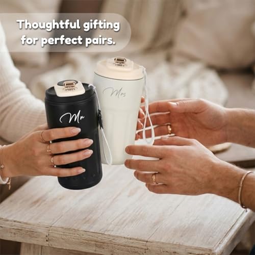 Image of Giftana Mr and Mrs Coffee Tumbler Set of 2, Premium Travel Mug Gift Set, 420ml Black & White Tumblers for Couples, Newlyweds, Husband & Wife, Bridal Shower, Wedding, Anniversary and Engagement Gifts