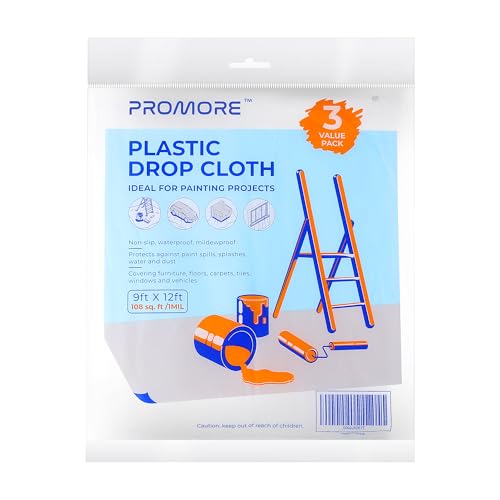 PROMORE Plastico Cubretodo 2.7x3.6m 25mic(3 UNIDADES) Drop Sheet Lámina cubretodo estandar Lightweight,Plastico Protector Para Cubrir Muebles Suelos Ideal para proteger decoración interiores