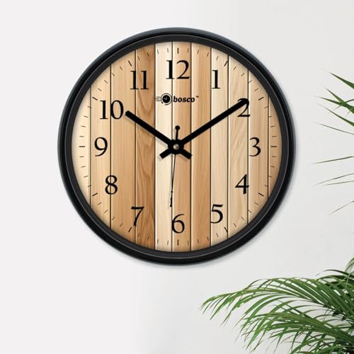 Image of Bosco Decorative Non Ticking Silent, Wooden Colour with Black Frame Elegant 30 CM,Modern Design Round Wall Clock for Home, Living Room, Bedroom, Office and Kitchen | BWC-1249