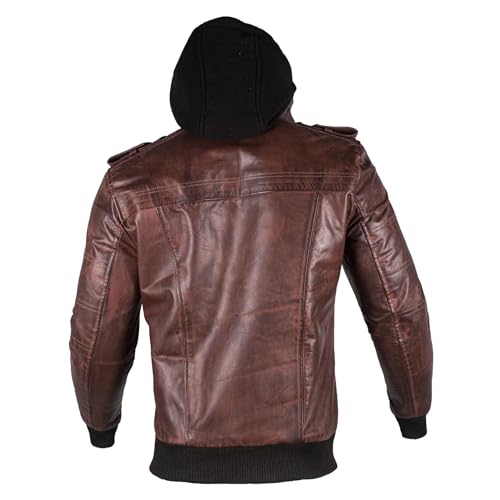 Image of Hooded Leather Jacket For Men | Bomber Leather Jacket Mens with Removable Hood