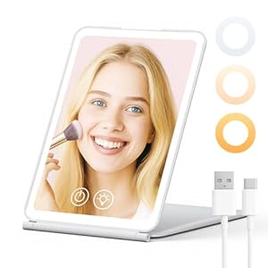 EYMUOBC Kosmetikspiegel mit Beleuchtung, Dimmbar 3 Farblichter Schminkspiegel, Faltbar und USB Aufladbar für Zuhause Reise, Perfekter Spiegel für Schminktisch Makeup