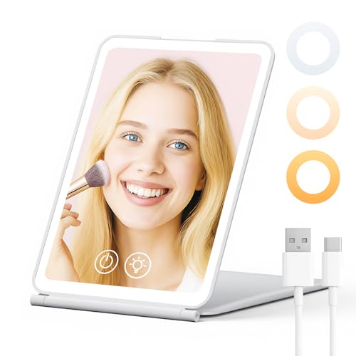 EYMUOBC Espejo Maquillaje con luz, 3 Colores de luz, Brillo Ajustable, 1500 mAh Recargable, Espejo Plegable con funcin de Memoria, Ideal para tocadores y Uso en Viajes.