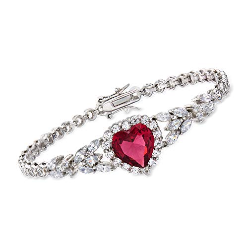 Ross-Simons 7.25 Carat Simulated Ruby And 6.67 Ct. T.w. Cz Heart Bracelet In Sterling Silver. 7 Inches #TOP29