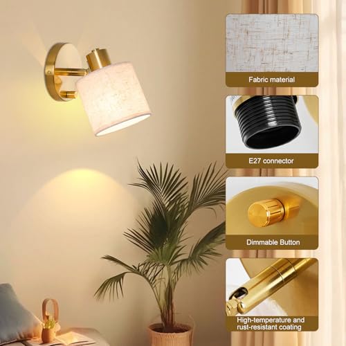 Lightess Wall Light with Switch Dimmable Gold Wall Sconce with Beige Linen Fabric Lampshade E27 40W Indoor Bedside Wall Lamp for Bedroom Living Room Hallway - Image 5