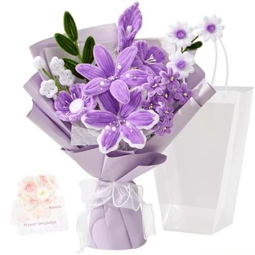 Faylifeway Pipe Cleaner Flower Bouquet Already Made, Purple Chenille Stem Flowers, Flower Bouquet for Mom Women, Birthday Anniversary Graduation Gift(Include Card)