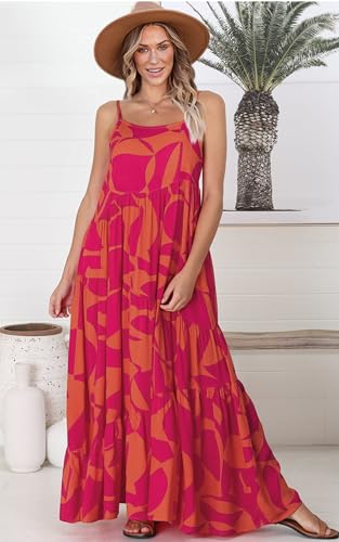 Image of ECOWISH Women Sleeveless Maxi Dress: Summer Spaghetti Strap Casual Loose Boho Beach Dress Asymmetric Tiered Flowy Long Dress