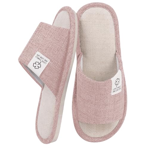 Slippers for Women,Memory Foam Soft Warm Slip On Open Toe Linen Cotton House Slippers,Anti-Skid Cozy for Indoor Outdoor Slippers