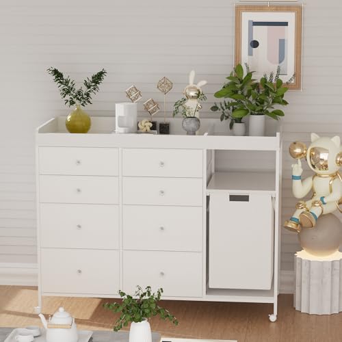 Image of 47.2 inch Nursery Dresser with 8 Drawers and Changing Table Top Baby Changing Station Dresser with 1 Open Shelf and 1 Laundry Hamper Diaper Changing Station Mobile Nursery Organizer,White