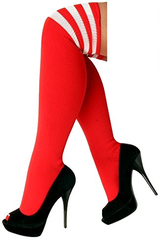 krautwear® Chaussettes de pom-pom-pom girl pour femme et fille - Avec 3 bandes - Rayures - Noir - Blanc - Rouge - Rose, rouge/blanc, taille unique grande taille Cover