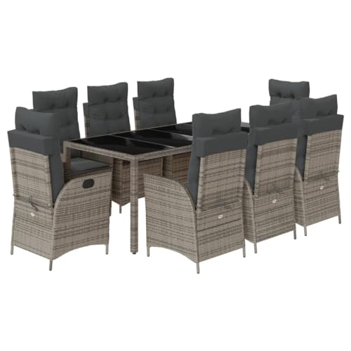 vidaXL - vidaxl 9 Piece Grey Poly Rattan Garden Dining Set with Cushions/Reclining Chairs/Table for Outdoor, Garden, Patio, Deck