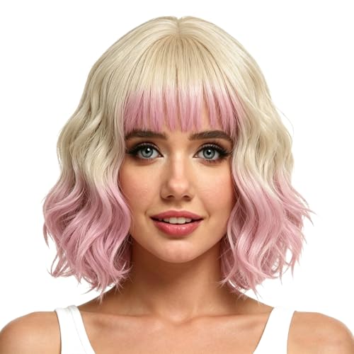 Image of Rose bud Wavy Bob Wig with Bangs Synthetic Natural Wig Short Curly Wigs for Women Blonde to Pink