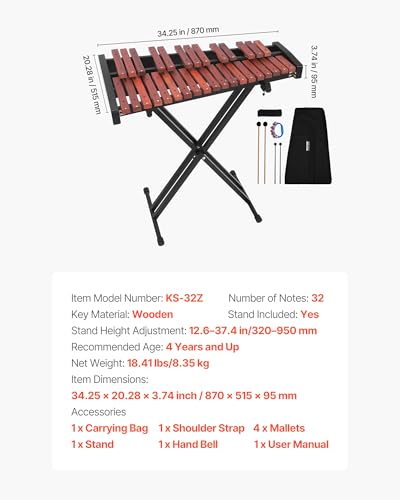 Image of VEVOR Glockenspiel Xylophone, 32 Notes, Wooden Professional Xylophone Percussion Instrument, with Height Adjustable Stand, 4 Mallets, Carrying Bag, Beginner Musical Instrument Kit for Adults and Kids