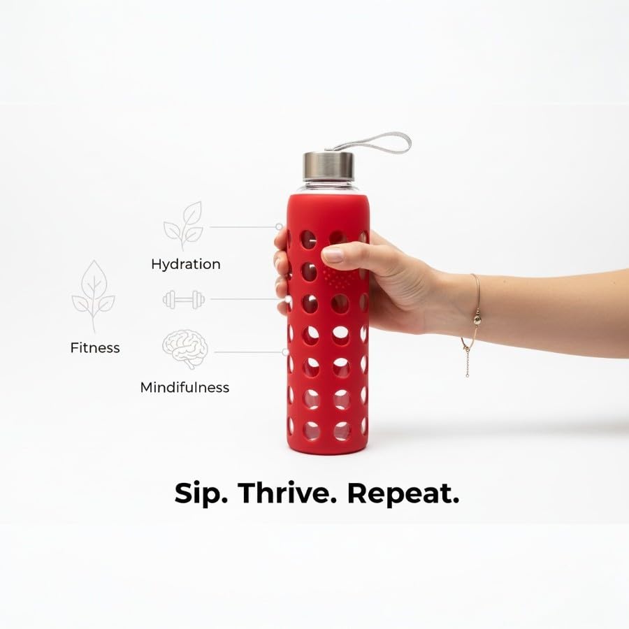 Image of Borosilicate Glass Water Bottle with Silicone Sleeve | BPA-Free, Leakproof, Reusable, Eco-Friendly, Hot & Cold Safe, Travel Bottle for Gym, Office, Yoga (Red, 500ml)