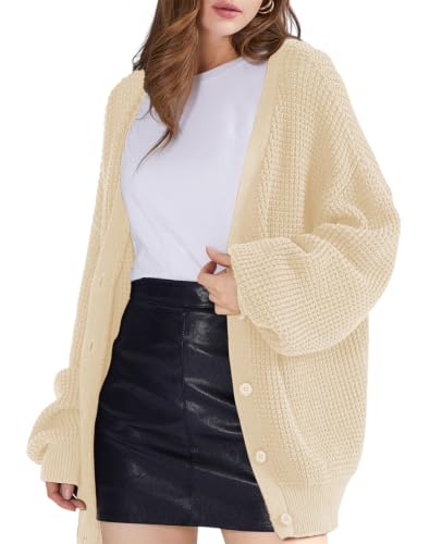 Image of QUALFORT Women's Oversized 100% Cotton Cardigan Sweater | Long Sleeve V Neck Button Down Open Front Knit Outerwear