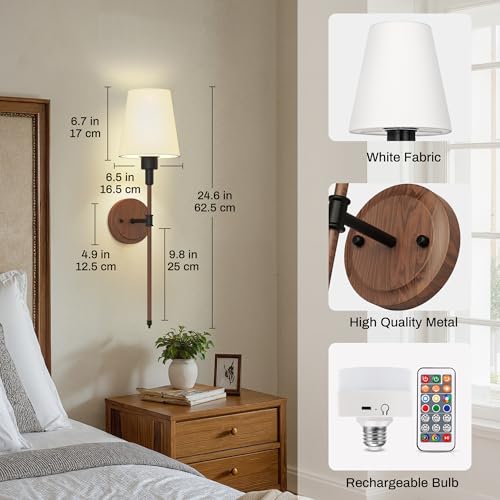 Image of DORESshop Battery Operated Wall Sconce Set of 2, Wireless Wall Light Easy to Install, 7 Color Rechargeable Wall Sconces, Sconce Wall Decor Set of 2 for Bedroom, Living Room, Black and Wood, 24.6in