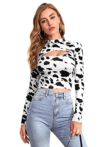 Milumia Women's Cow Print Cut Out Front Crop Top Mock Neck Long Sleeve Tee T Shirts Black and White Large