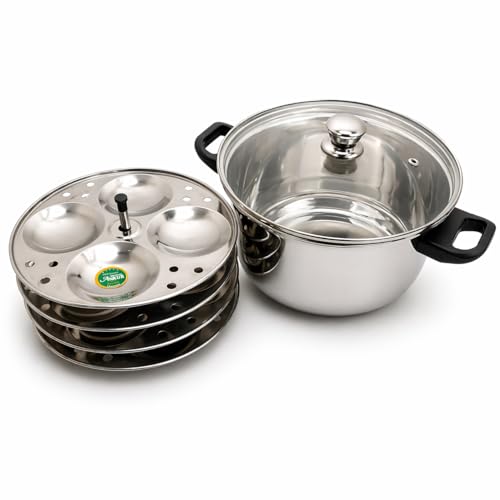 Image of Ankur Gold Stainless Steel Idli Cooker with Glass Lid | 4 Idli Plates (Regular Idli Plates) | Induction Compatible Bottom | Food Grade Stainless Steel Idli Maker | Steamer for Soft Idli