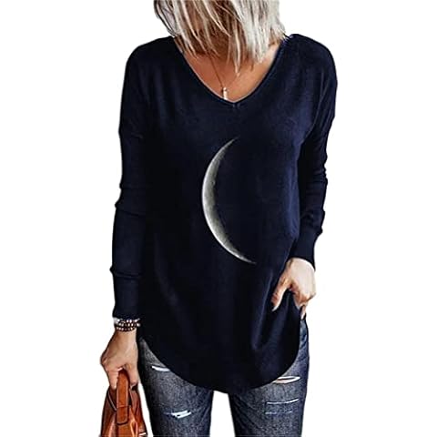 Onsoyours Langarmshirt Damen V-Ausschnitt Sweatshirt T-Shirt Langarm Blumen Oberteile Bedruckte Hemd Bluse Tunika Tops Lang Pullover Lose Blusentops Herbst B Marine L Cover