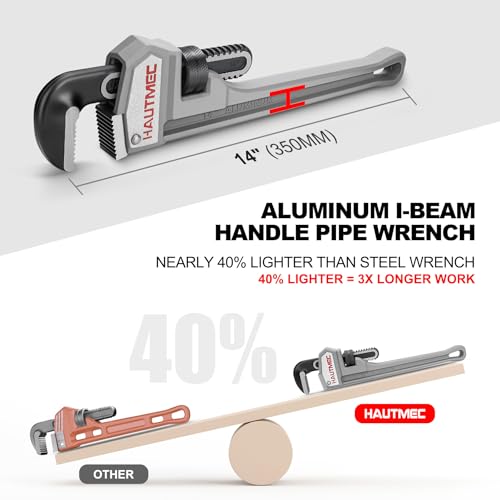 Image of HAUTMEC 14 Inch Aluminum Straight Pipe Wrench, Adjustable Plumbing Wrench, 2 inch Jaw Capacity, Heavy Duty Plumbing Pipe Wrench, for Pipes, Tees, Ball Valves and Other Objects HT0021-PW