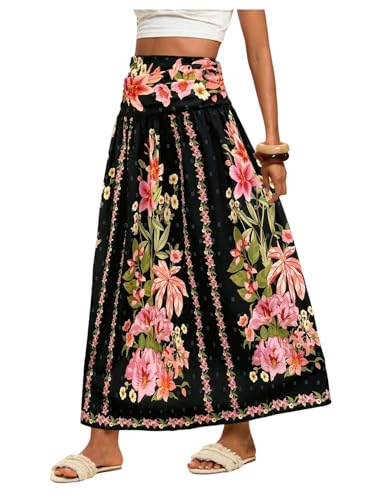 Verdusa Women's Boho Floral Print Maxi Skirt Shirred High Waisted A Line Flowy Long Skirts